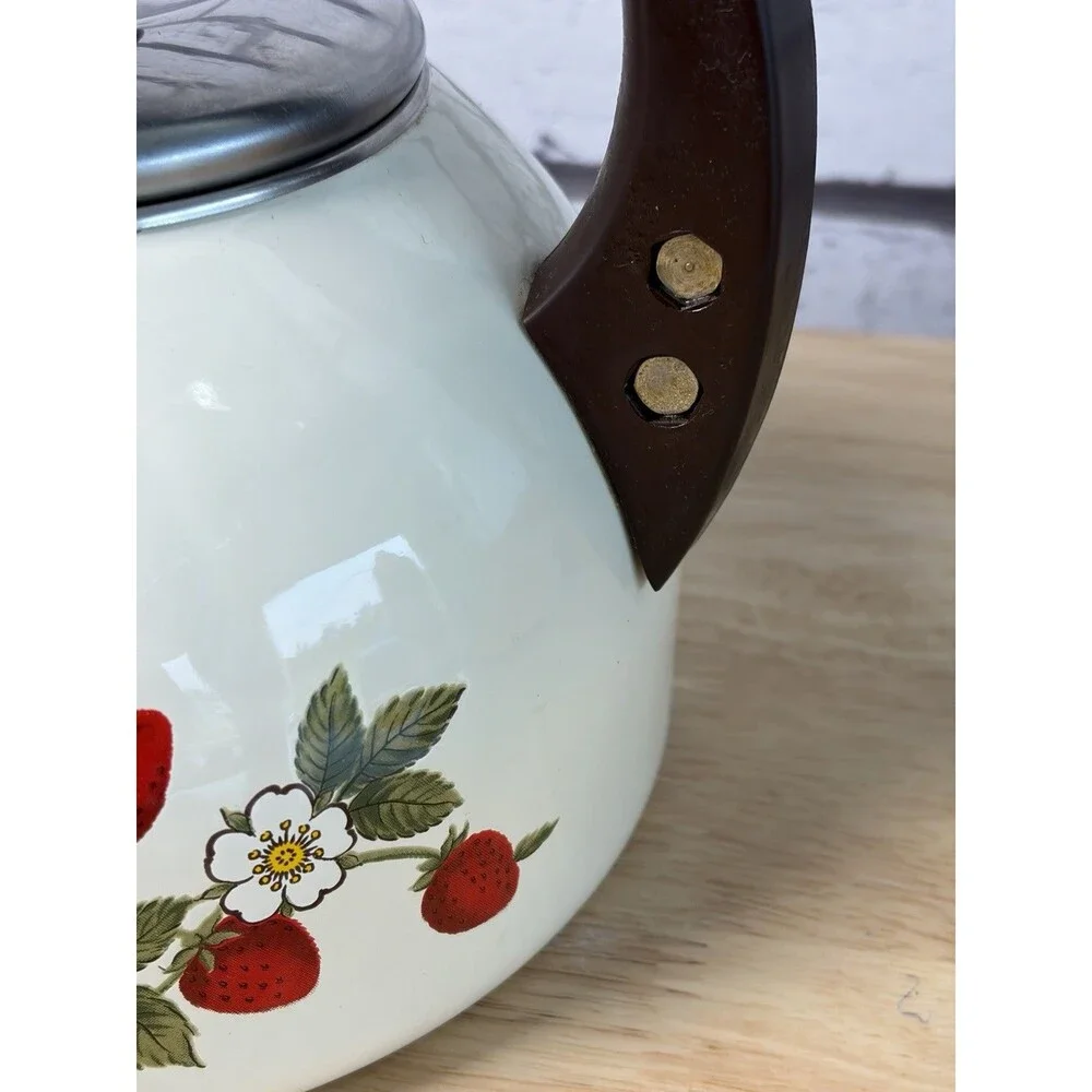 Vintage Strawberry Enamel Whistling Tea Kettle Farmhouse Kitchen Decor
